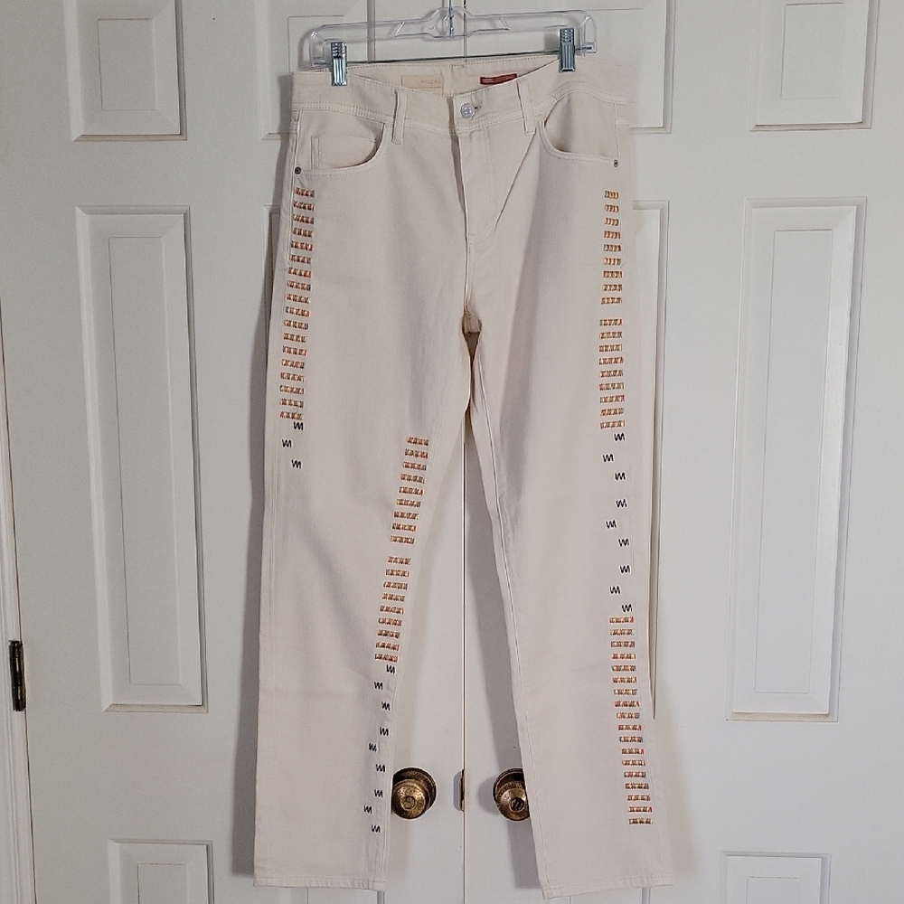 Pilcro Womens Slim Fit Boyfriend Cream Color Embroidered Jeans Sz 29 TALL